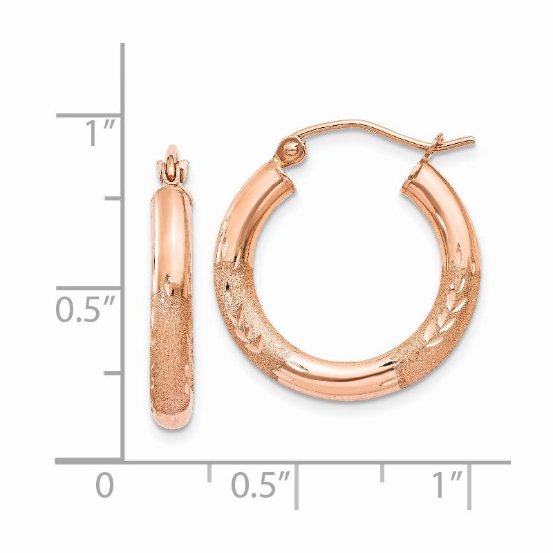 14k Rose Gold 3mm Satin and Diamond-cut Hoop Earrings