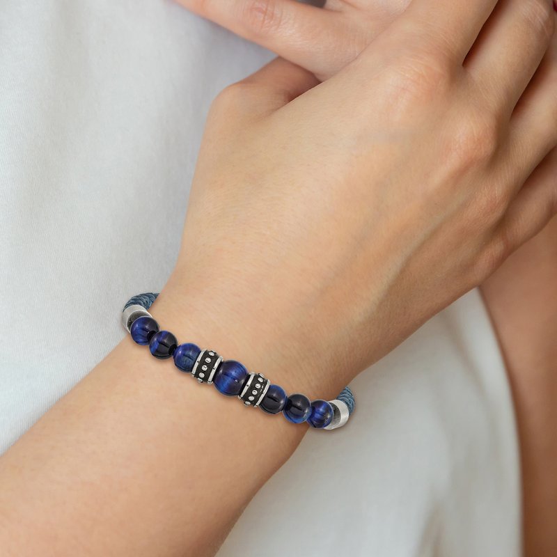 Stainless Steel Antiqued and Polished Blue Tiger's Eye Beads Blue Leather 8.25 inch Bracelet