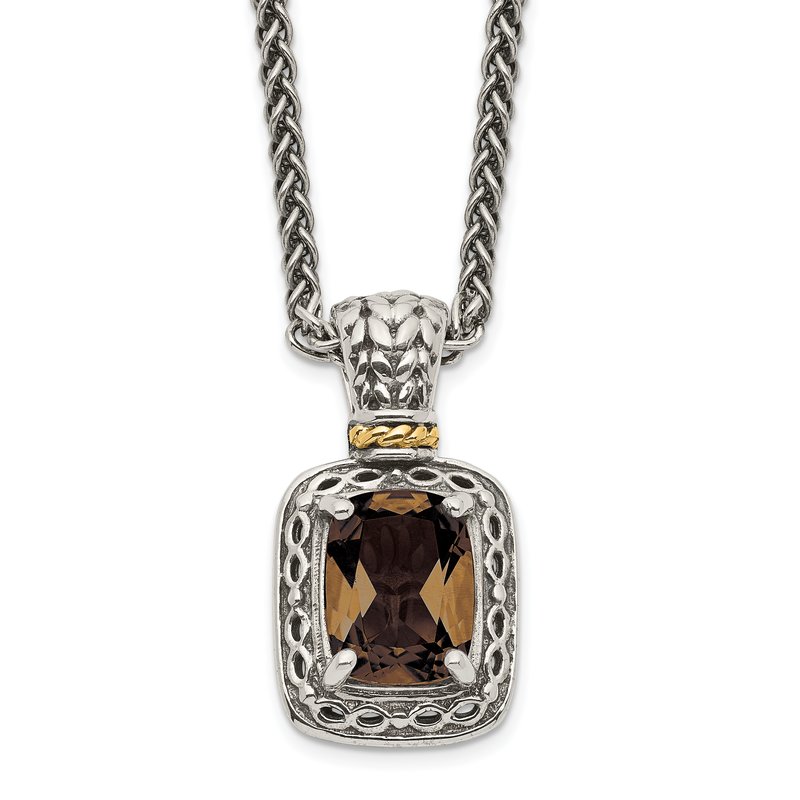 Sterling Silver with 14K Accent 18 Inch Antiqued Cushion Checkerboard Smoky Quartz Necklace