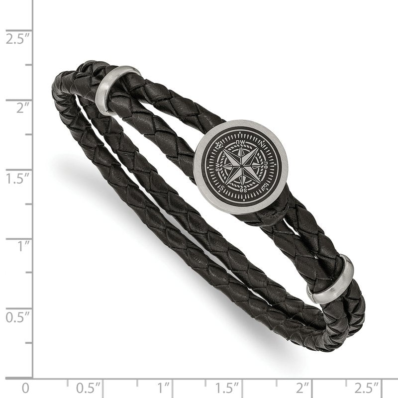 Stainless Steel Brushed Laser Design Compass Black Woven Leather 8.5 inch Bracelet