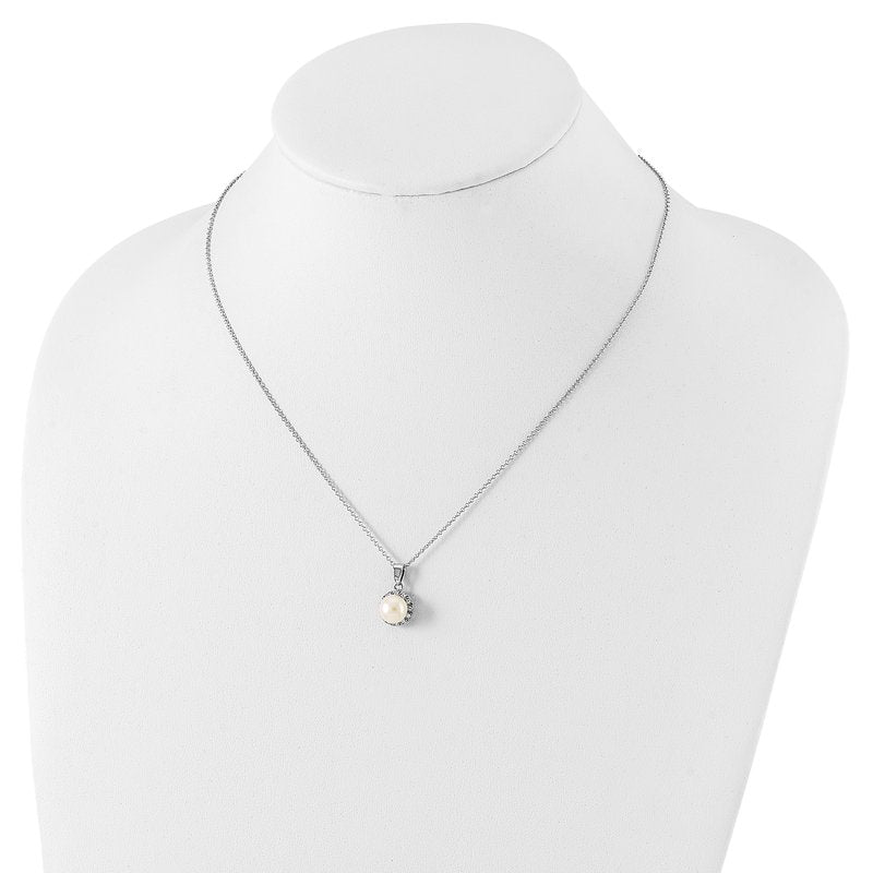 Sterling Silver Rhodium-plated Freshwater Cultured Pearl and Brilliant-cut CZ 18 Inch Necklace