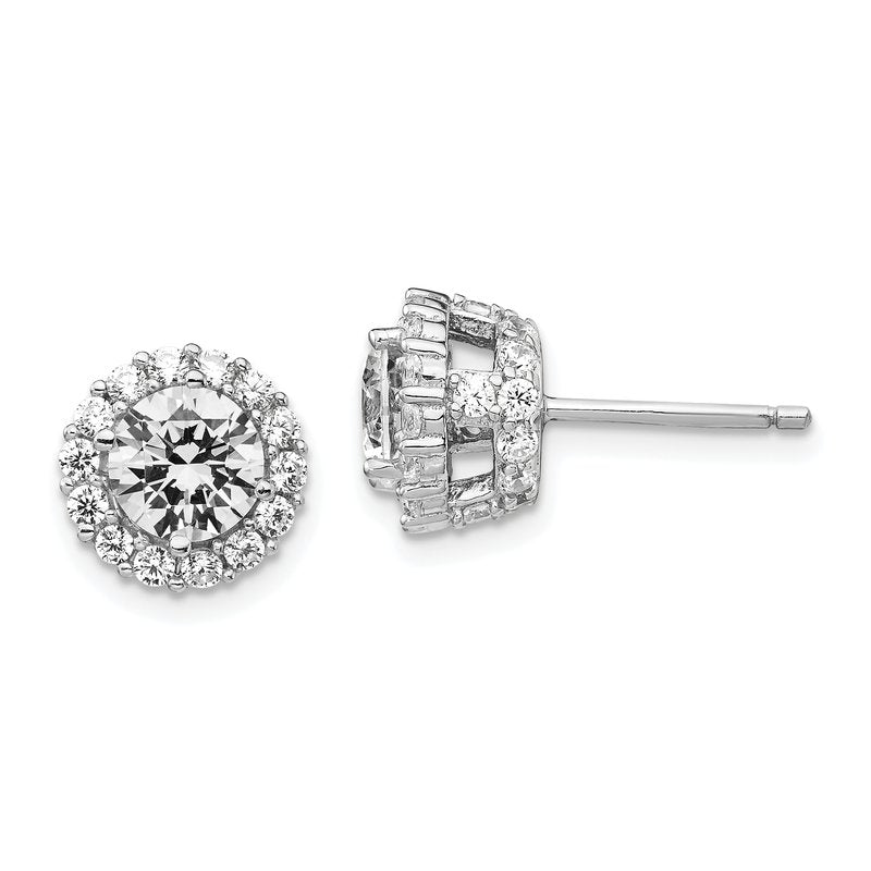 Sterling Silver Rhodium-plated Brilliant-cut CZ Round Halo Post Earrings