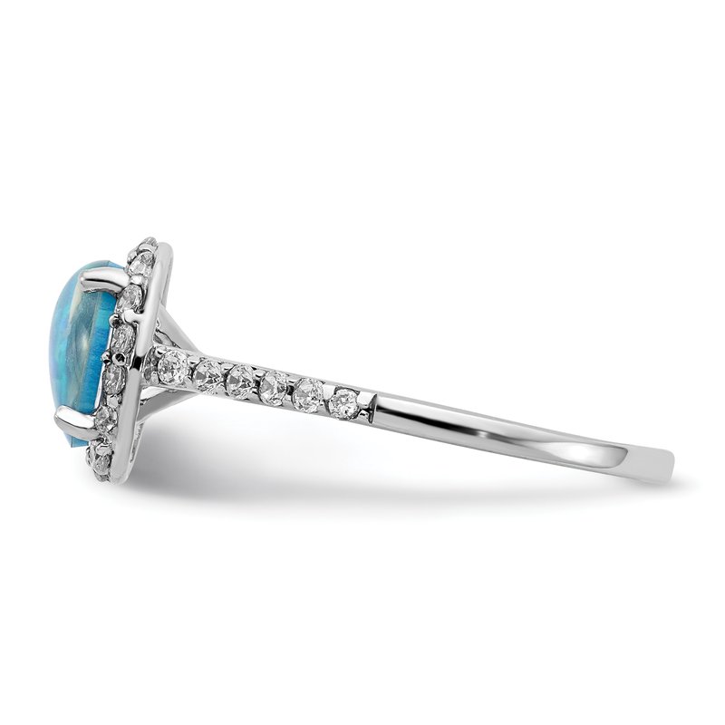 Sterling Silver Rhodium-plated Cabochon Lab Created Blue Opal and Brilliant Cut CZ Halo with Side Stones Ring