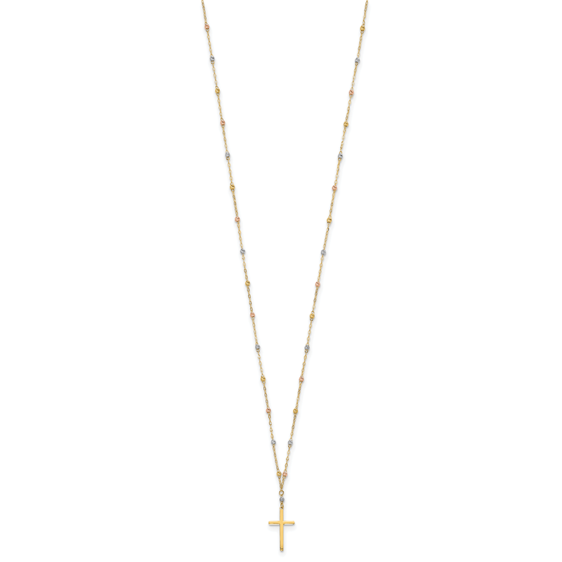 14k Tri-color Diamond-cut Beaded Chain with Polished Cross Pendant 17 inch Necklace