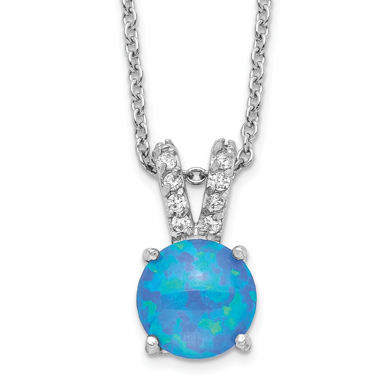 Sterling Silver Rhodium-plated Cabochon Lab Created Blue Opal and Brilliant-cut CZ Split Bail 18.5 Inch Necklace