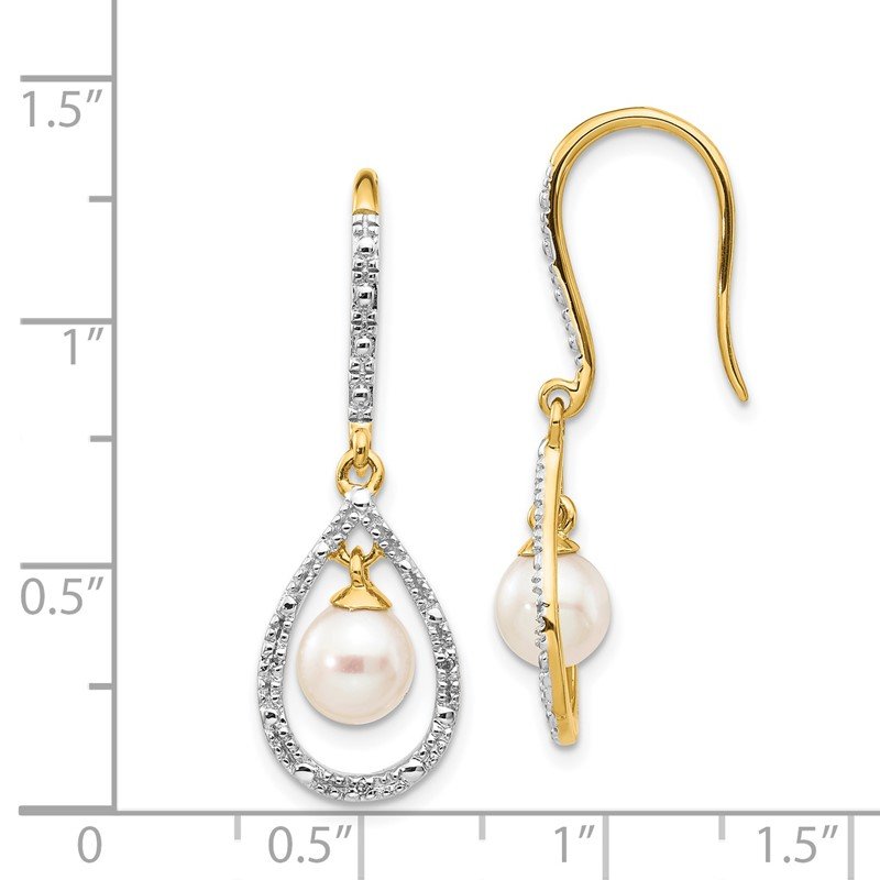 14k 6-7mm White Round Freshwater Cultured Pearl and .02 carat Diamond Shepherd Hook Dangle Earrings