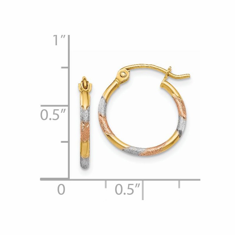 14K w/White and Rose Rhodium 1.5mm Satin &amp; D/C Hoop Earrings