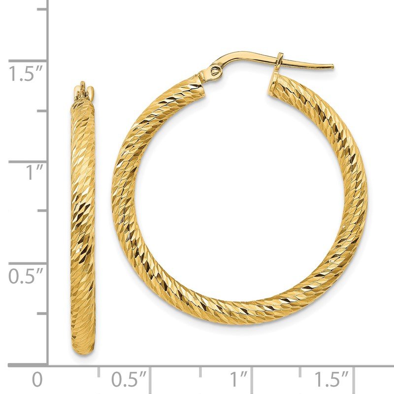 14k 3x25mm Diamond-cut Round Hoop Earrings