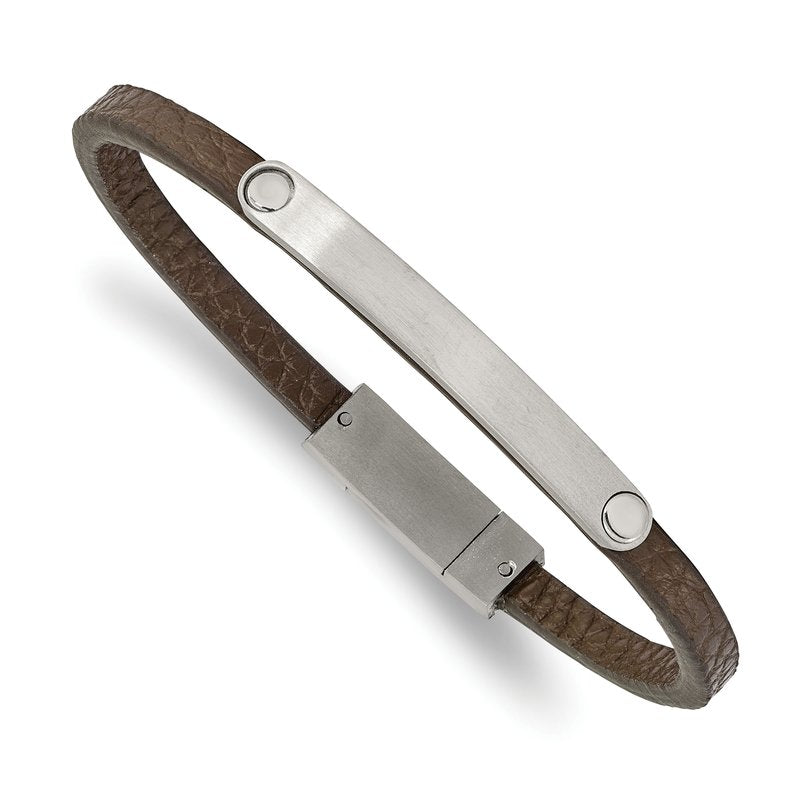 Stainless Steel Brushed Brown Leather 8.25 inch ID Bracelet