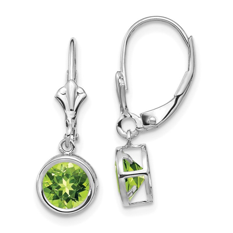 14k White Gold 6mm Round Peridot Bezel Leverback Dangle Earrings