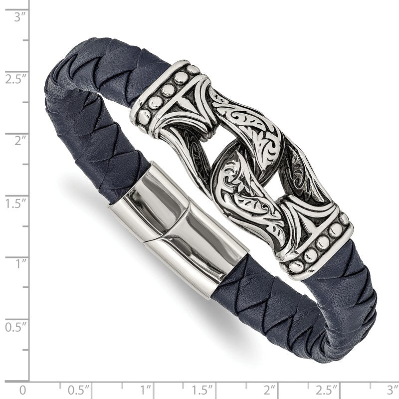Stainless Steel Antiqued and Polished Blue Woven Leather 8.75 inch Bracelet