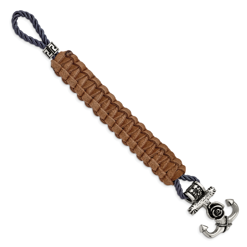 Stainless Steel Antiqued and Polished Anchor with Flower and Skulls Brown Leather 8.5 inch Bracelet