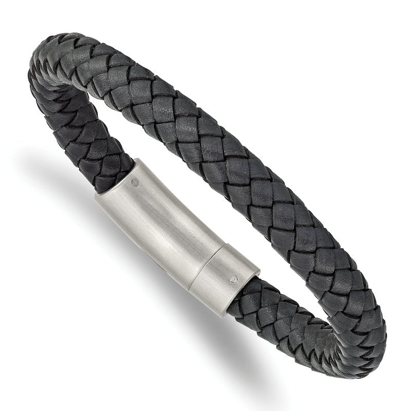 Stainless Steel Brushed Grey Braided Leather 8.25 inch Bracelet