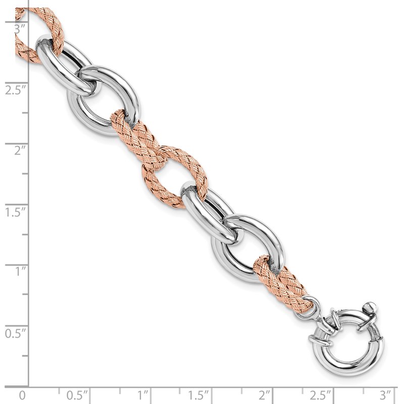 Sterling Silver Rose-tone Polished &amp; Woven Link Bracelet