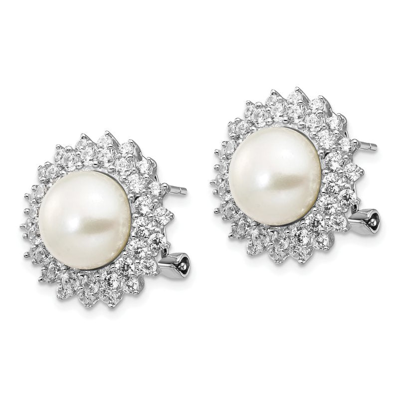 Sterling Silver Rhodium-plated Freshwater Cultured Pearl and Brilliant-cut CZ Omega Back Earrings