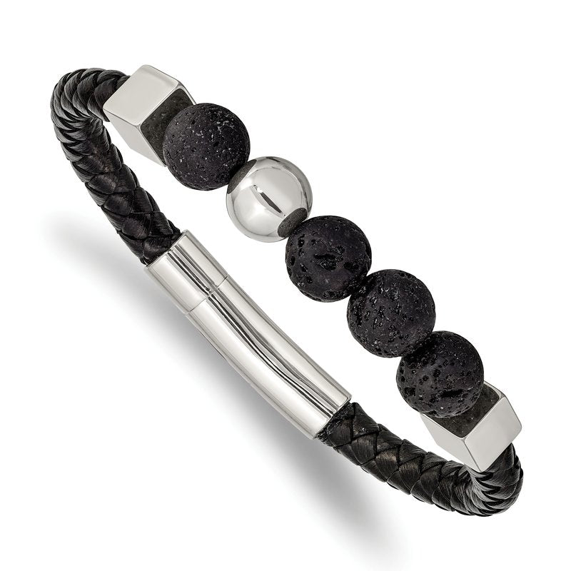 Stainless Steel Polished with Lava Stone Beads Black Leather 8 inch Bracelet