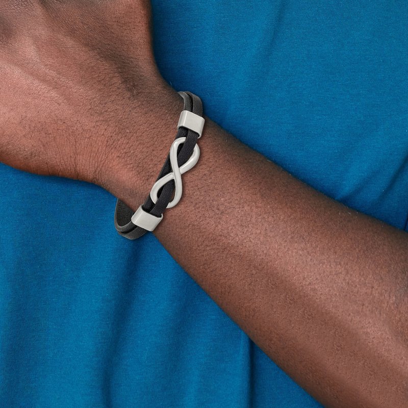 Stainless Steel Brushed and Polished Infinity Symbol Black Leather 8 inch Bracelet