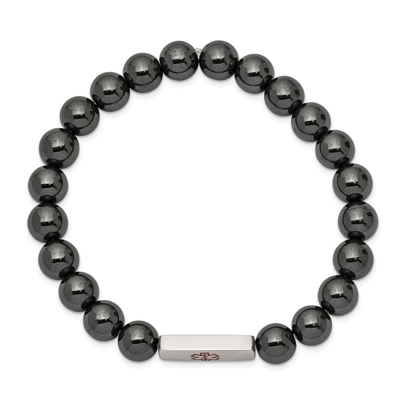 Stainless Steel Polished with Red Enamel Medical ID 8mm Hematite Beaded Stretch Bracelet