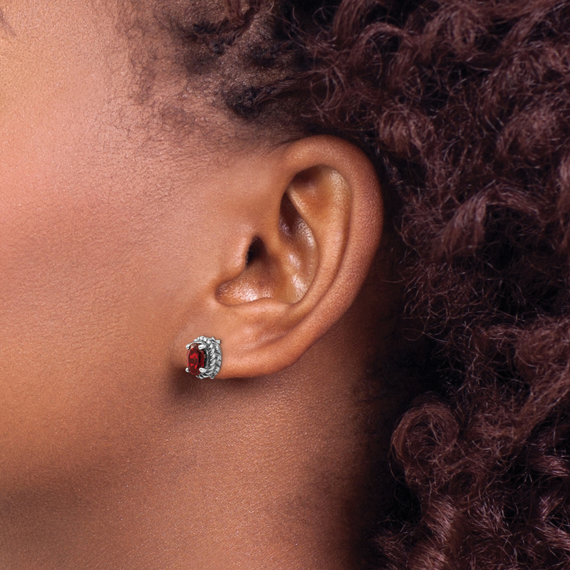 Sterling Silver Antiqued Oval Garnet Post Earrings