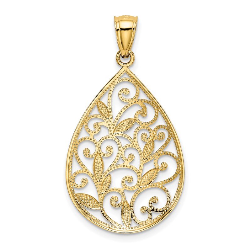 14K Polished and Textured Filigree Teardrop Pendant