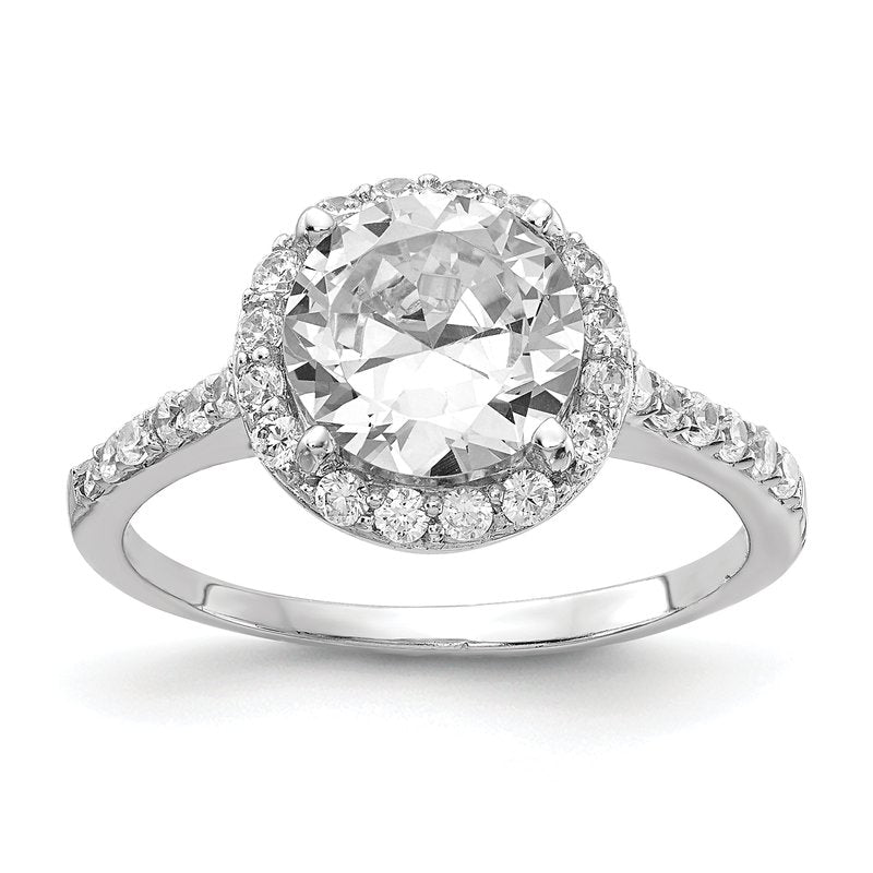 Sterling Silver Rhodium-plated Brilliant-cut CZ Round Halo with Side Stones Ring