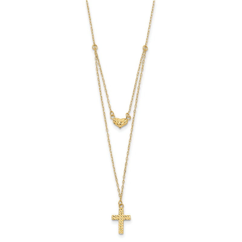 14k Polished 2-Strand Diamond-cut Cross and Heart 16 inch Necklace Plus 2 inch Extender