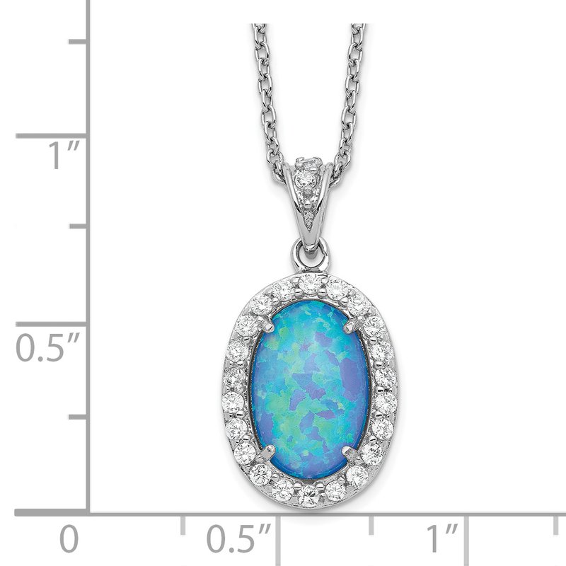 Sterling Silver Rhodium-plated Cabochon Lab Created Blue Opal and Brilliant-cut CZ Oval 18.5 Inch Necklace