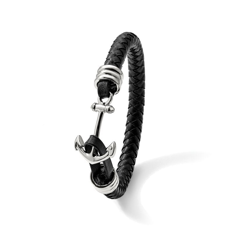 Stainless Steel Polished Anchor Black Braided Leather 8.5 inch Bracelet