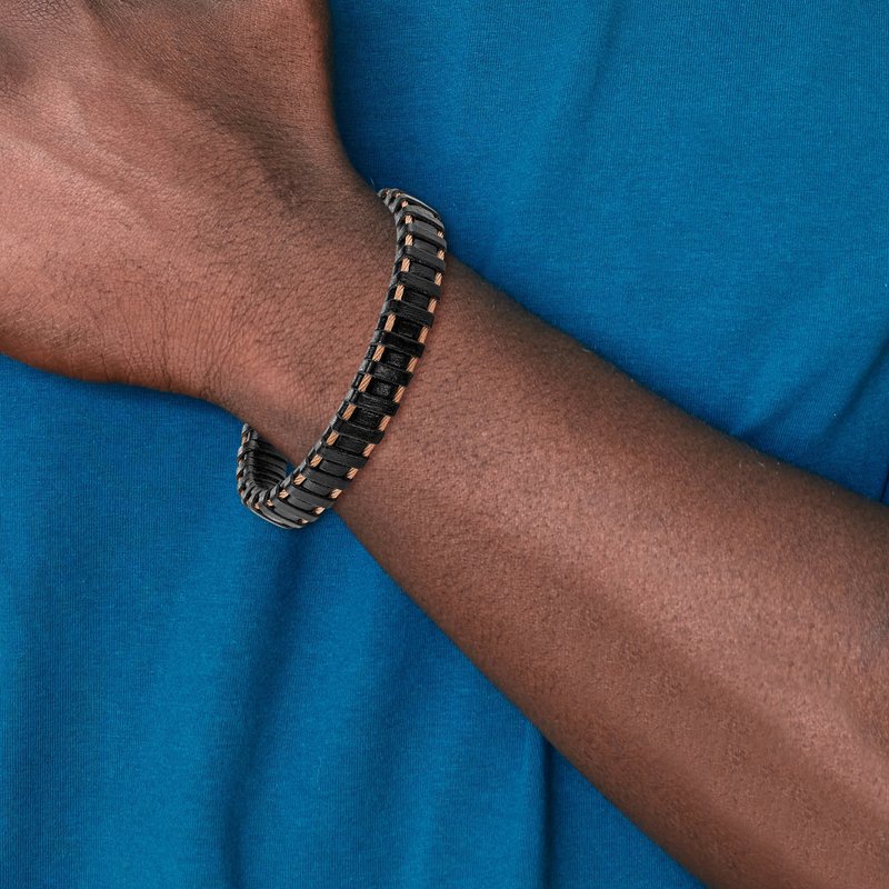 Stainless Steel Polished Rose IP-plated Cable and Black Leather 8.5 inch Bracelet