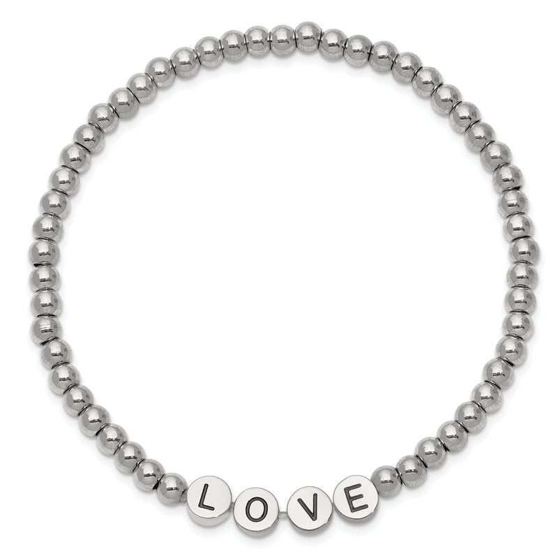 Stainless Steel Antiqued and Polished LOVE 4mm Beaded Stretch Bracelet
