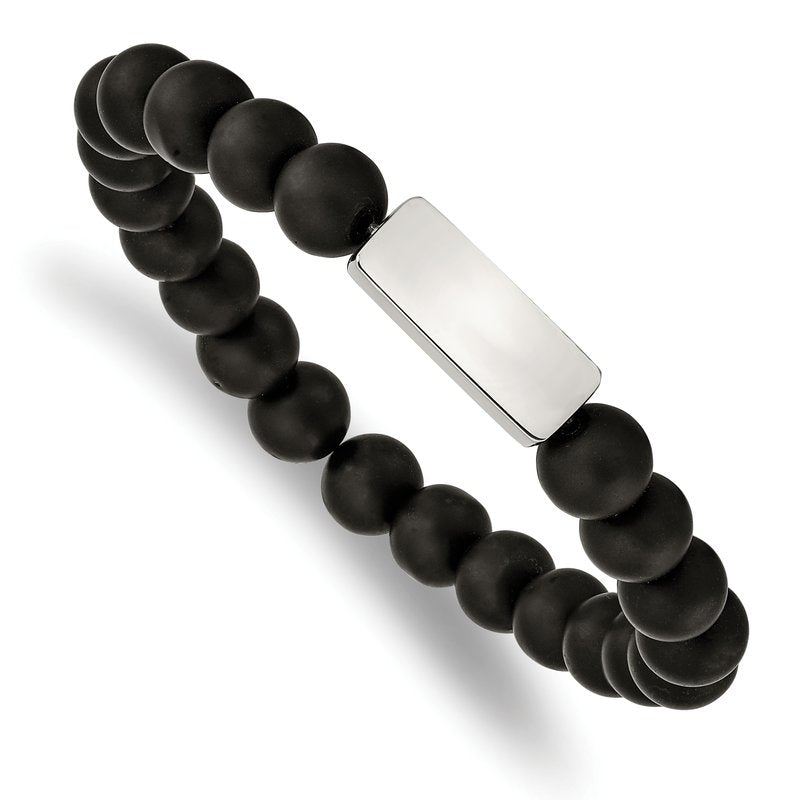 Stainless Steel Polished ID Plate 8mm Black Agate Beaded Stretch Bracelet