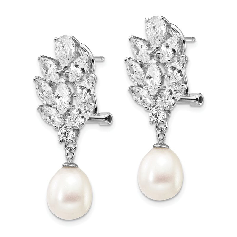 Sterling Silver Rhodium-plated Teardrop Freshwater Cultured Pearl Marquise-cut and Brilliant-cut CZ Fancy Omega Back Dangle Earrings