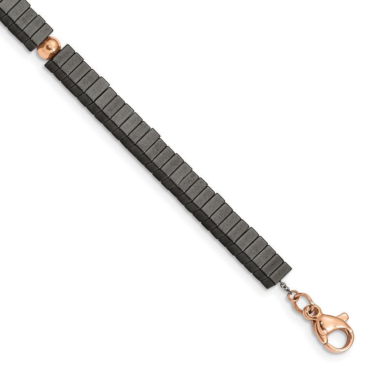 Stainless Steel Polished Rose IP-plated with Square Hematite Beads 7 inch Bracelet with 1.25 inch Extension