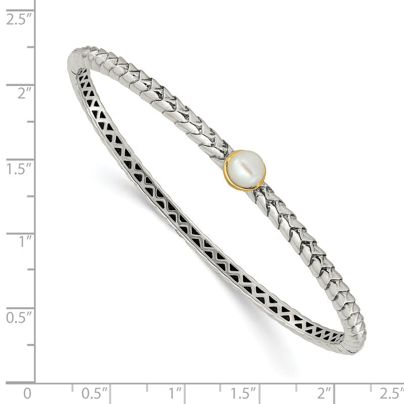 Sterling Silver with 14K Accent 6mm FW Cultured Pearl Hinged Bangle Bracelet