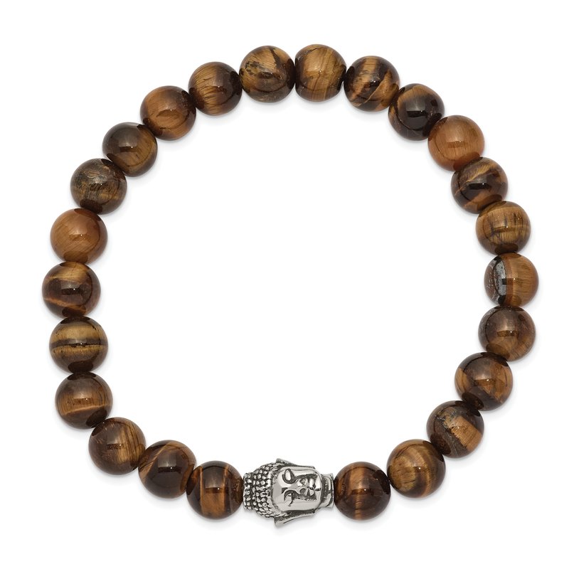 Stainless Steel Antiqued and Polished Buddha 8mm Tiger's Eye Beaded Stretch Bracelet