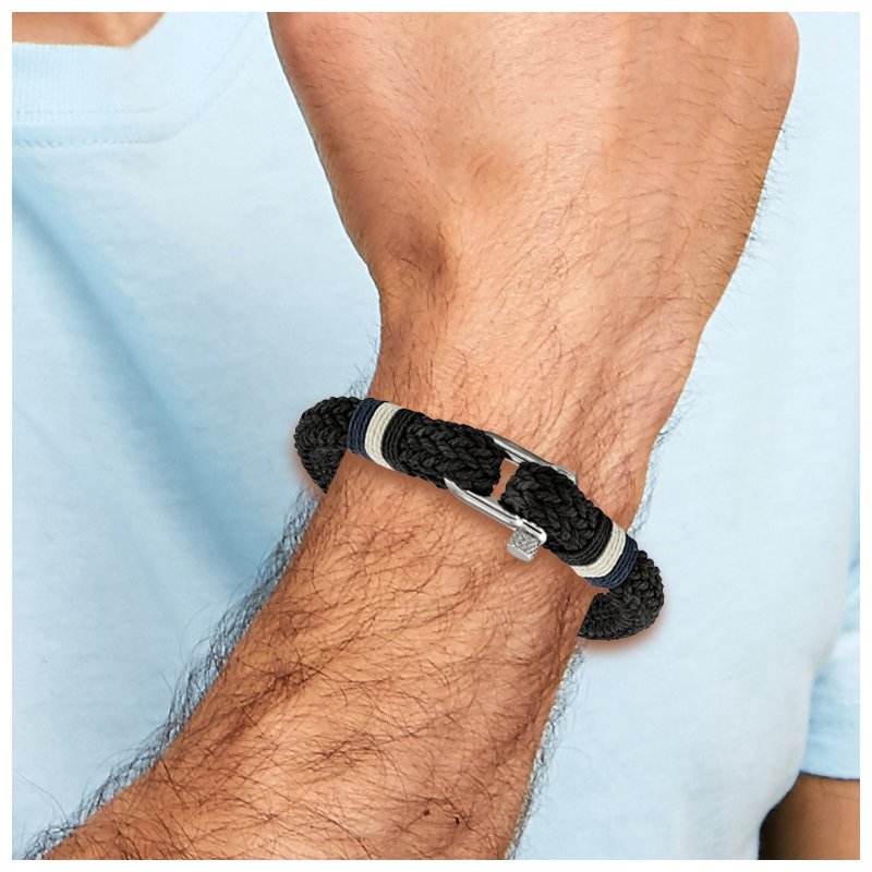 Stainless Steel Polished Woven Black Cotton 8.5 inch Bracelet