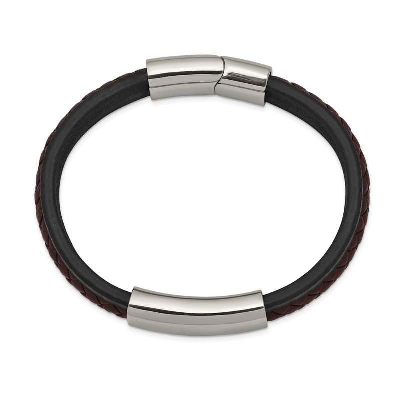 Stainless Steel Polished Black and Brown Braided Leather 8.25 inch ID Bracelet