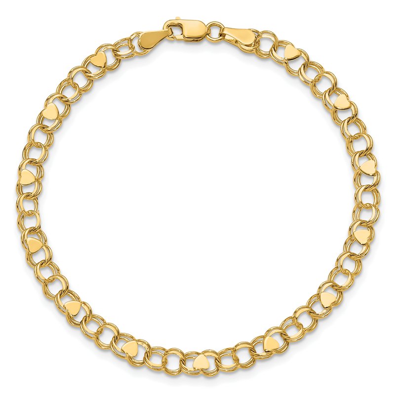 14k 4mm Solid Double Link with Hearts 7 inch Charm Bracelet