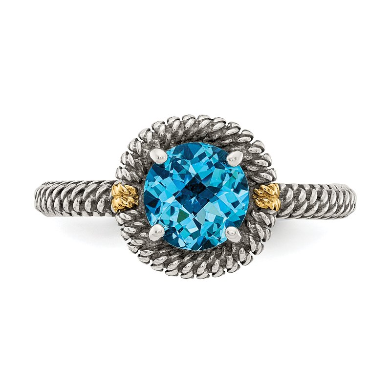 Sterling Silver with 14K Accent Antiqued Round Blue Topaz Ring