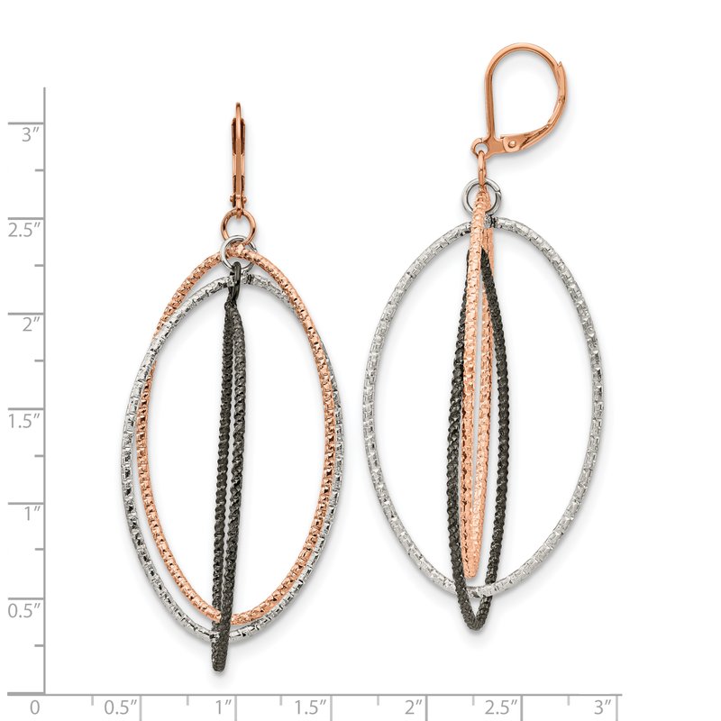 Stainless Steel Polished and Textured Gun and Rose IP-plated Dangle Leverback Earrings