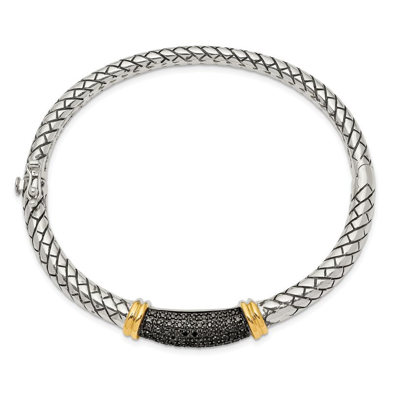 Sterling Silver with 14K Accent Antiqued Black Diamond Hinged Bangle Bracelet