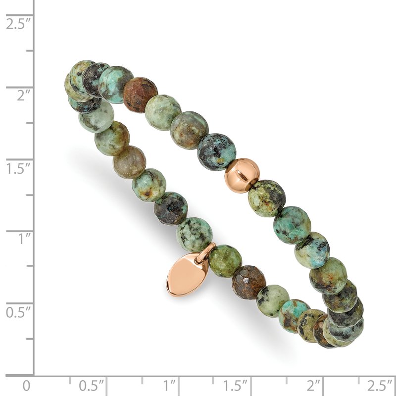 Stainless Steel Polished Rose IP-plated 6mm African Turquoise Beaded Stretch Bracelet