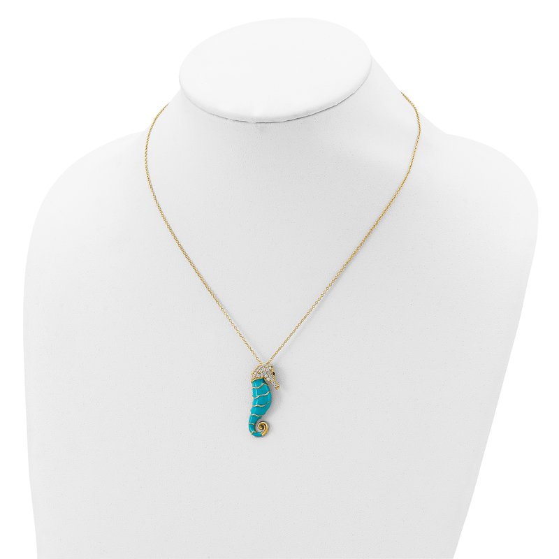 Sterling Silver Gold-plated Enameled Brilliant-cut Black and White CZ Seahorse 18 Inch Necklace