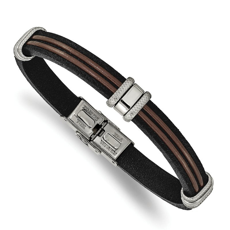 Stainless Steel Polished Black and Brown Leather 8.25 inch Bracelet
