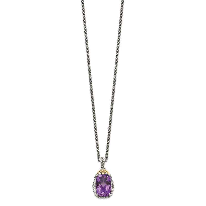 Sterling Silver with 14K Accent 18 Inch Antiqued Cushion Amethyst Necklace