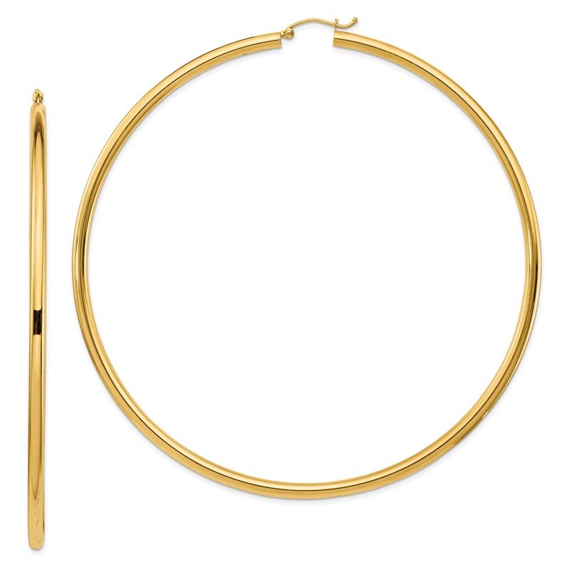14k 3x90mm Polished Round Tube Hoop Earrings