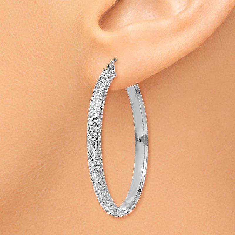 14K White Gold Diamond-cut 3.5x38mm Hollow Hoop Earrings