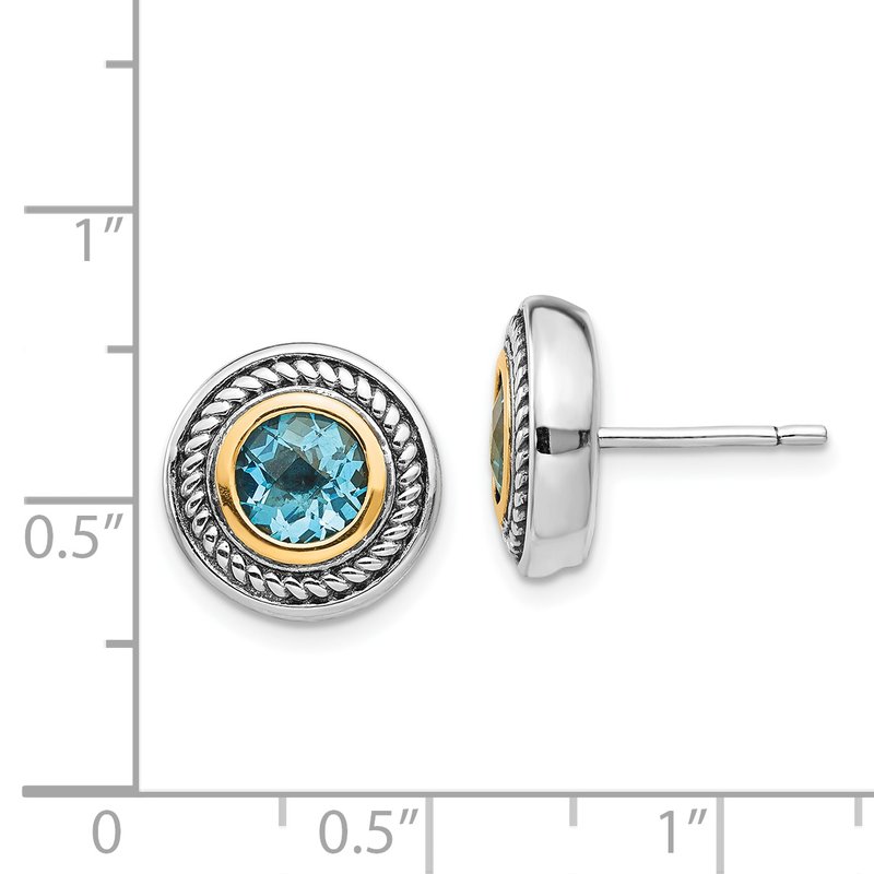 Sterling Silver with 14K Accent Antiqued Round Blue Topaz Post Earrings