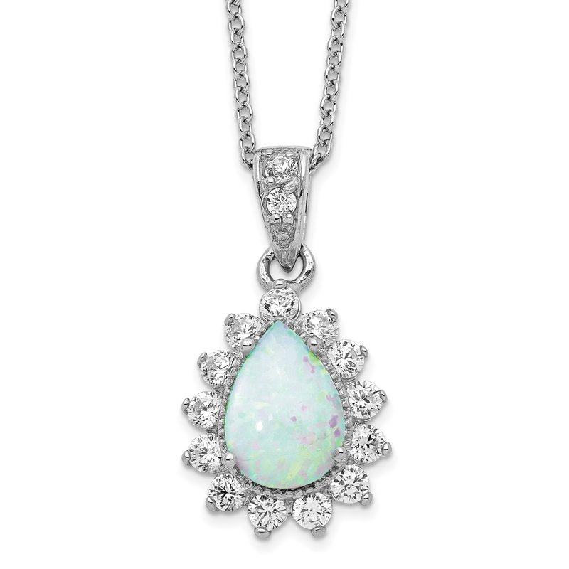 Sterling Silver Rhodium-plated Cabochon Lab Created Opal and Brilliant-cut CZ Teardrop Halo 18 Inch Necklace