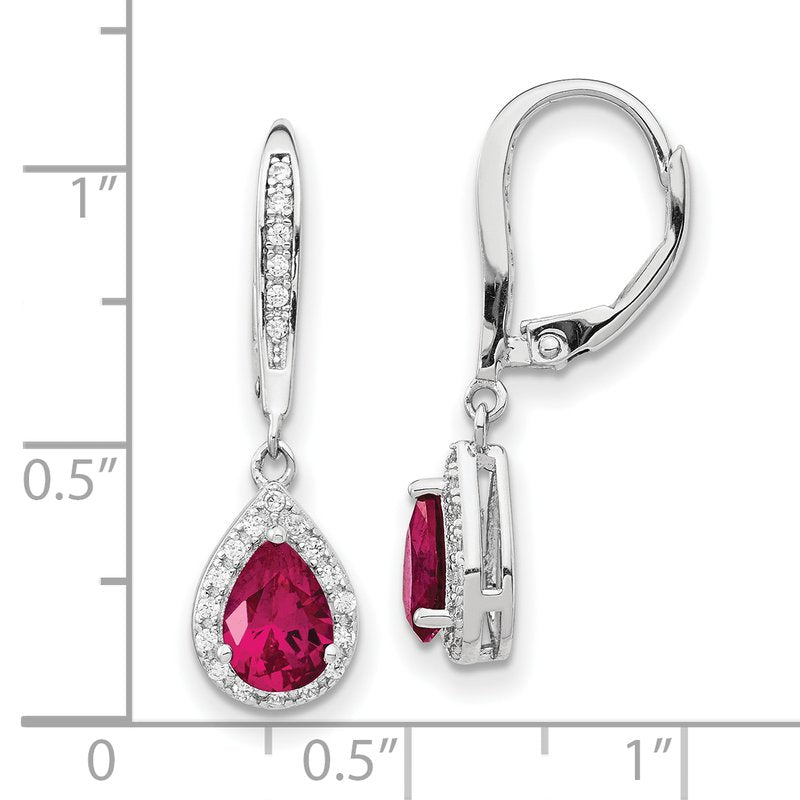 Sterling Silver Rhodium-plated Brilliant-cut Lab Created Ruby and Brilliant-cut White CZ Teardrop Leverback Dangle Earrings